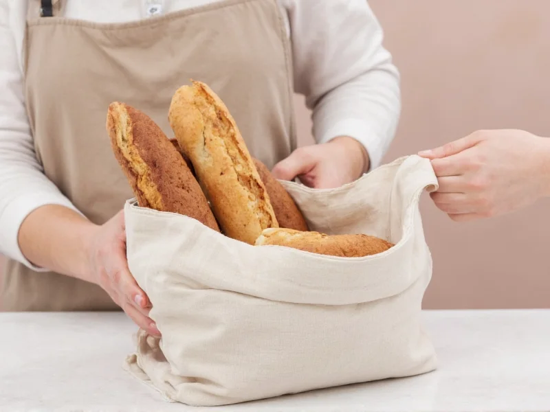 Hand placing freshly baked bread into reusable linen storage bag