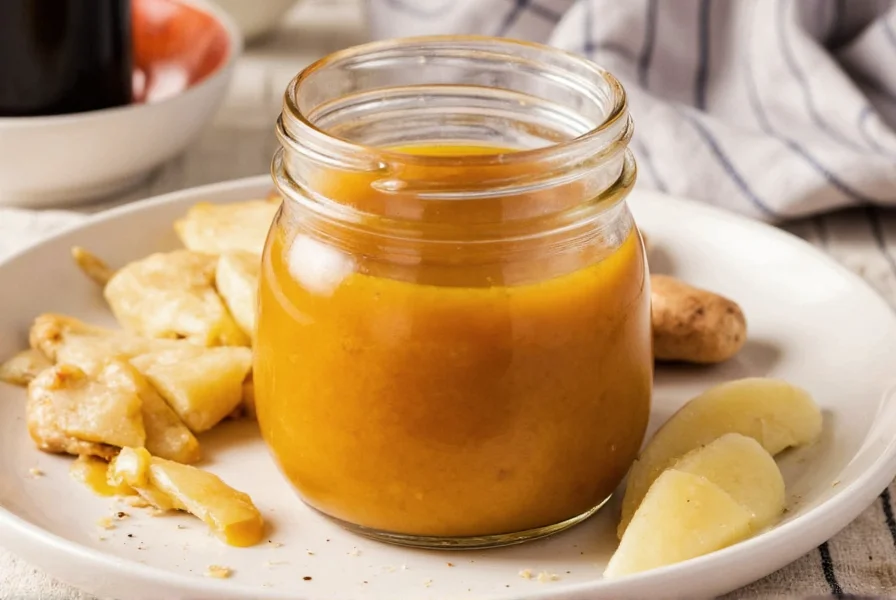 Glass jar containing golden ginger stir fry sauce with fresh ginger slices and soy sauce bottle in background