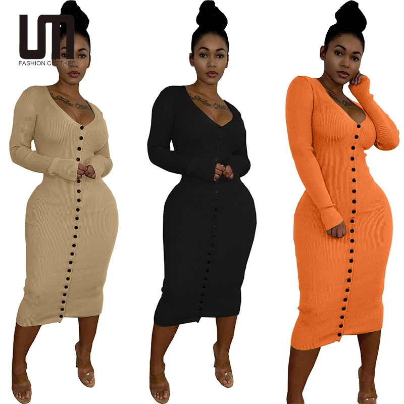 

Liu Ming Wholesale Designer Women Casual Button Down Long Sleeve Cardigan Outerwear Knitted Bodycon Party Midi Dress, Customized color