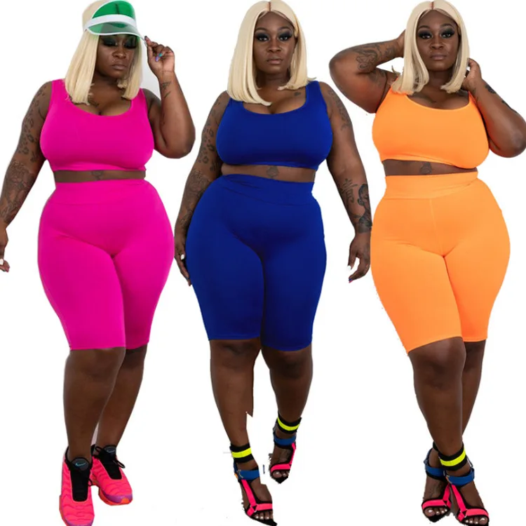 

Wholesale XL-5XL Plus Size Outfits Women Clothing Cotton Girls' T-Shirts And Gym Shorts Set Jogger Set Women, As shown