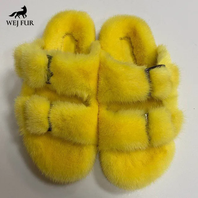

Latest Fashion Women Flat Slipper Sandles Mink Fur Slides for Women Red and Green Fluffy Slippers, Customized color