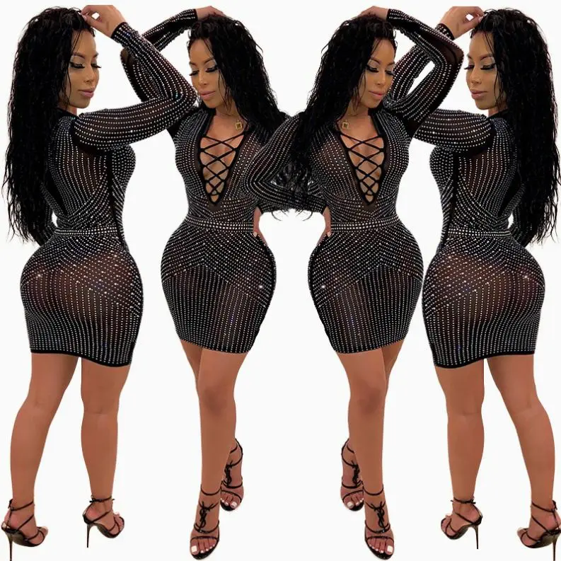 

Hot Diamond Tie Nightclub Skirt Sexy Dress Dancing Bodycon Party Women Black Casual Dresses Plus Size Clothes Party Wear Spring