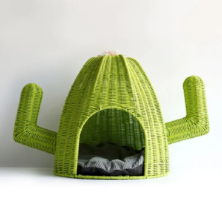 

New Pet Bed Breathable Durable Poly Faux Rattan Cat Dog Bbed With Soft Cushion, Pet Furniture Bed Rattan, Green