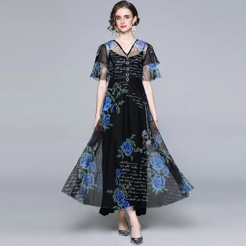 

2021 Latest Design Temperament Print Dress Female Black V-neck Two-piece Long Skirt Short Sleeve Casual Dress