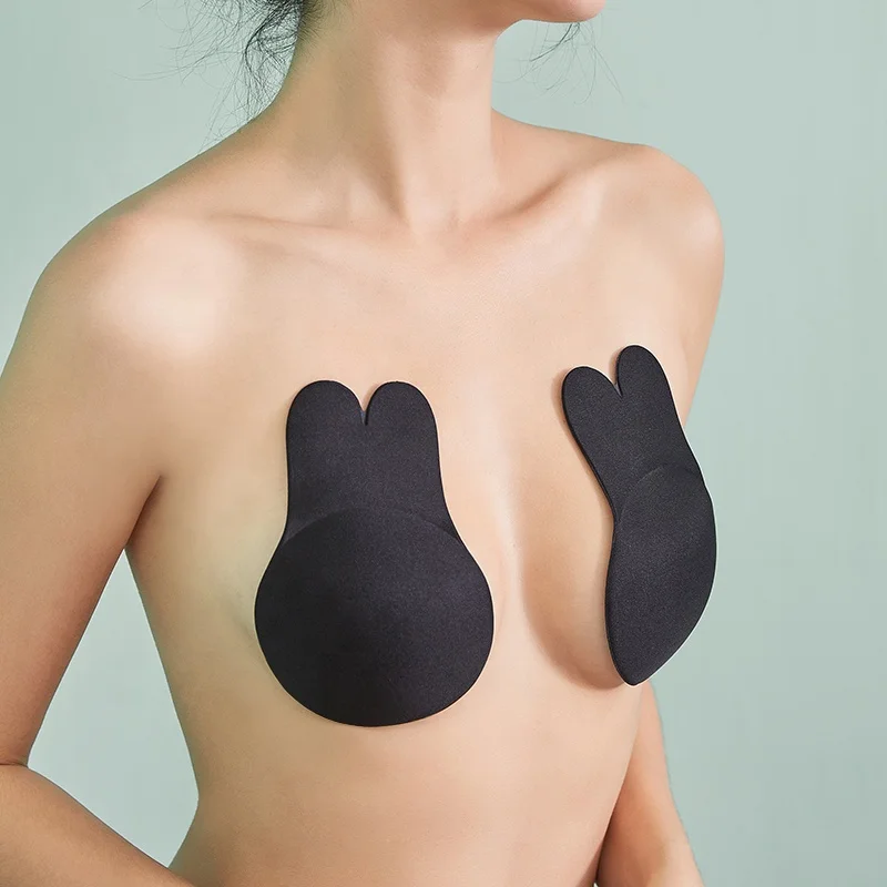 

Reusable invisible lift up bra Strapless Lift Nipple Cover Silicone Rabbit Shape Nipple Sticker, Black/nude
