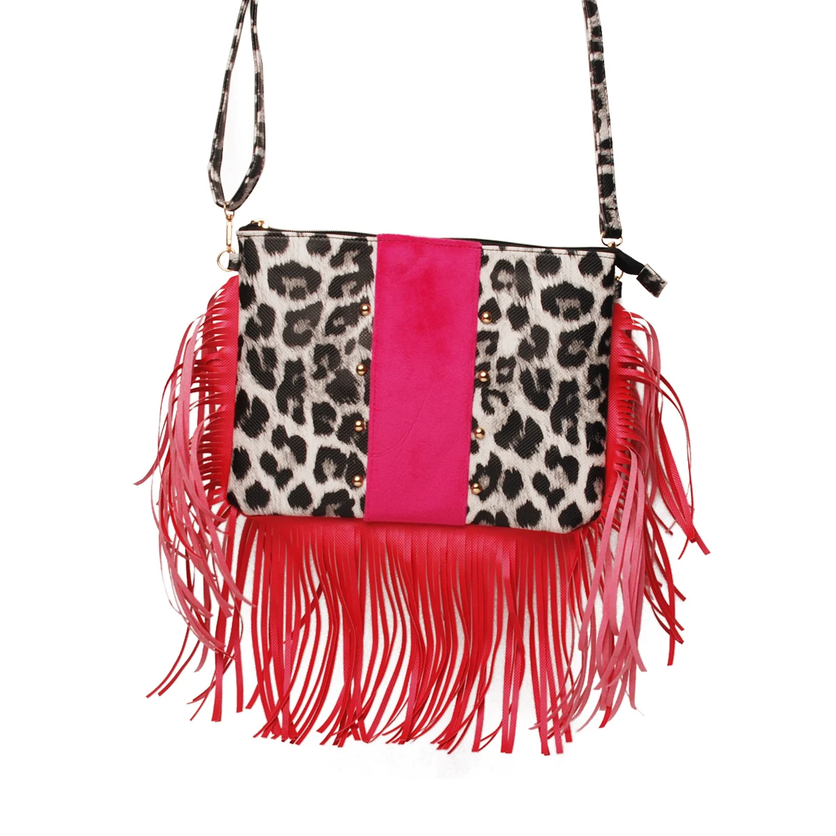 

50pcs Wholesale Pink Leopard Crossbody Fringe Bag Women Tassel Tote Bag With PU Shoulder DOM112-1208