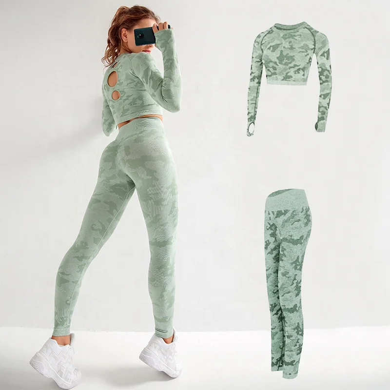 

Seamless Yoga Set Women Fitness Clothing Booty Yoga Leggings Long Sleeve Cropped Top Gym Wear Sets Yoga Top Women Legging Set