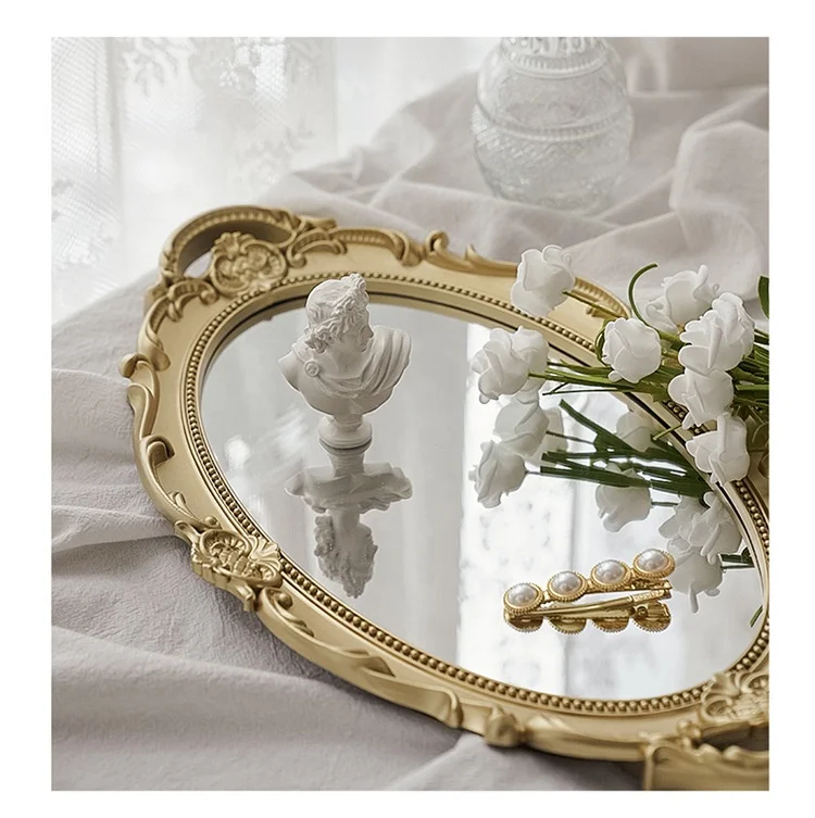 

Wholesale Retro European style home decoration shooting ornaments dessert plate small jewelry gold glass round mirror tray