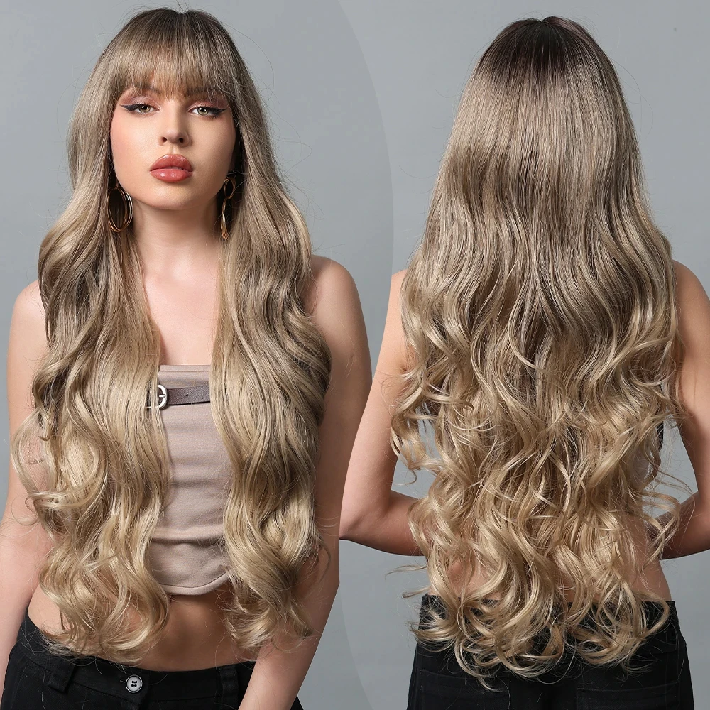34 Inch Extra Long Heat Resistant Fiber Wig Golden Layered Large Wave Curly Synthetic Wig Curly Hair Matte High Density