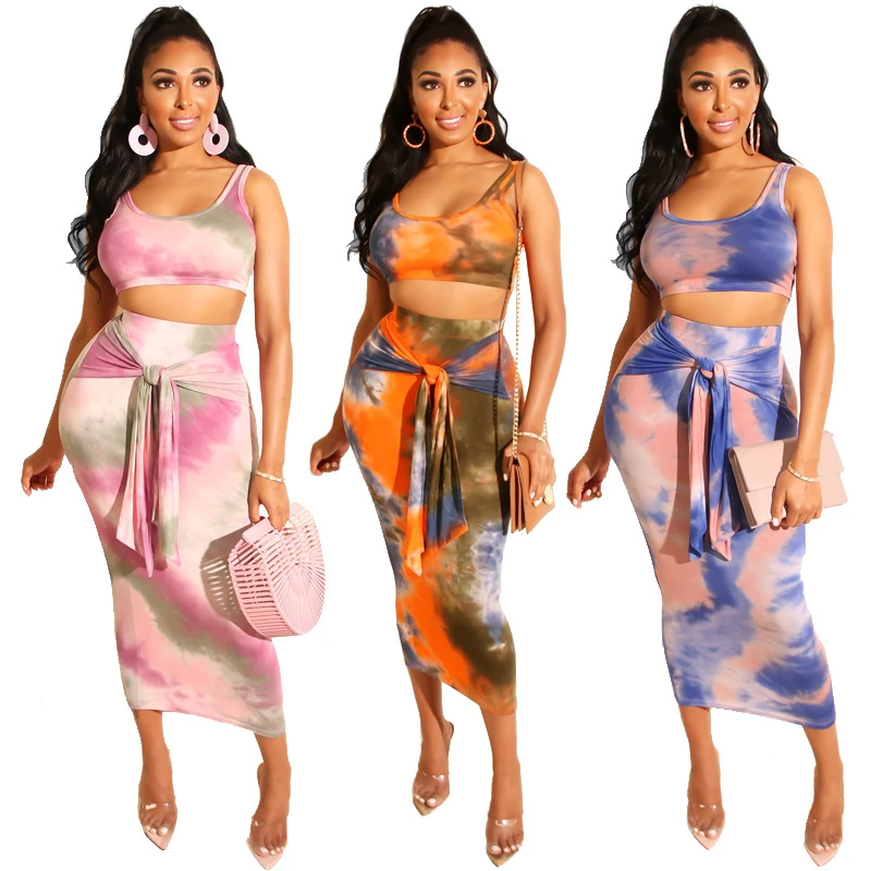 

Summer vest and skirt suit tight-fitting buttocks sexy tie-dye printing two-piece suit