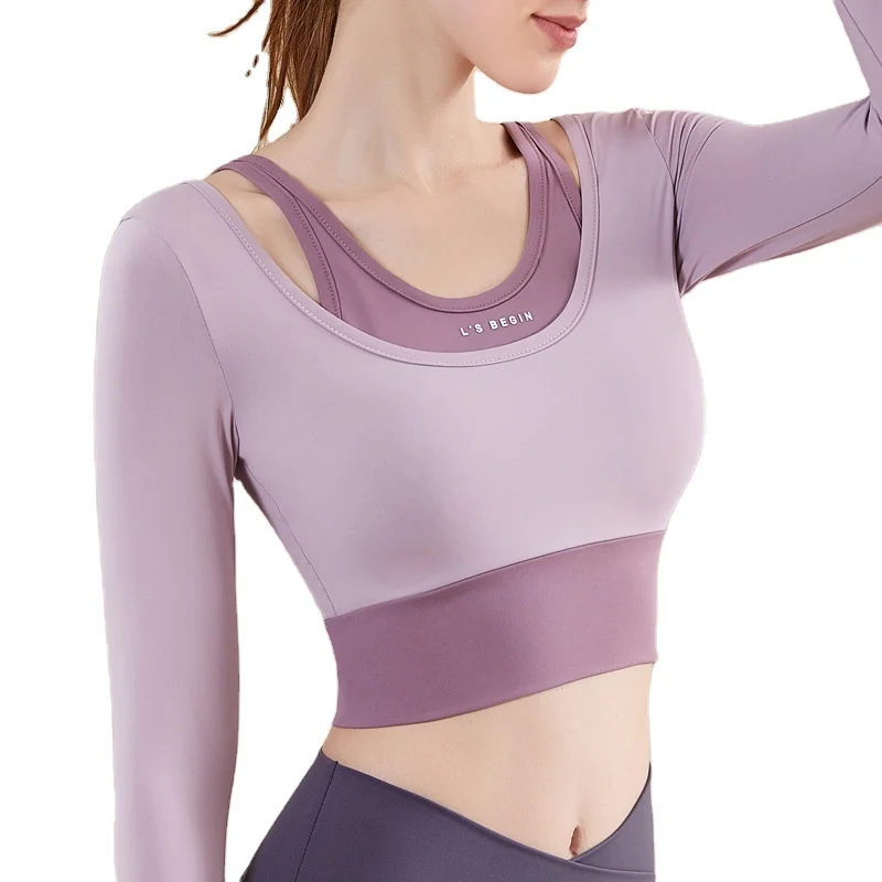

Professional Yoga Clothing Women Fake Two Pieces With Chest Pad Sexy Tight Long-sleeved T-shirt Quick-drying Fitness Sports Top