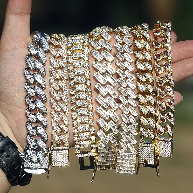 

Wholesale Custom Chunky Zircon Bracelet Jewelry Men Iced Out Miami Cuban Link Chain Bracelet, Silver, gold, rose gold
