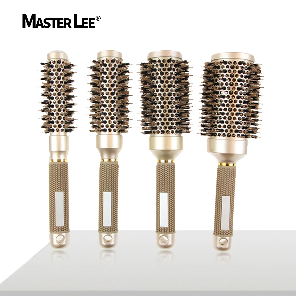 Masterlee Non-slip rubber round curly hair brush boar bristle brush Ionic ceramic brush, Gold