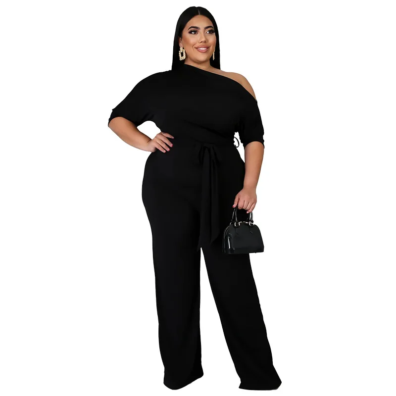 

Plus size women's fashion solid color oblique shoulder strap jumpsuit wide leg pants