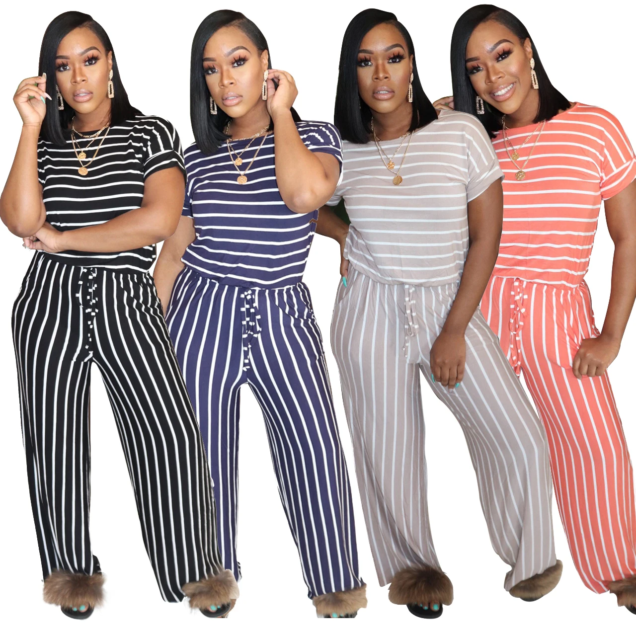

2021 Women Short Sleeve Striped Casual Pants Striped One Piece Women Jumpsuits Plus Size Women's Sleepwear