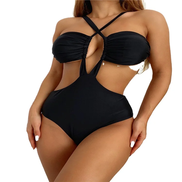 

2021 Amazon Europe and America pure color sexy hollow women's one body swimsuit bathing suit, 1 colors