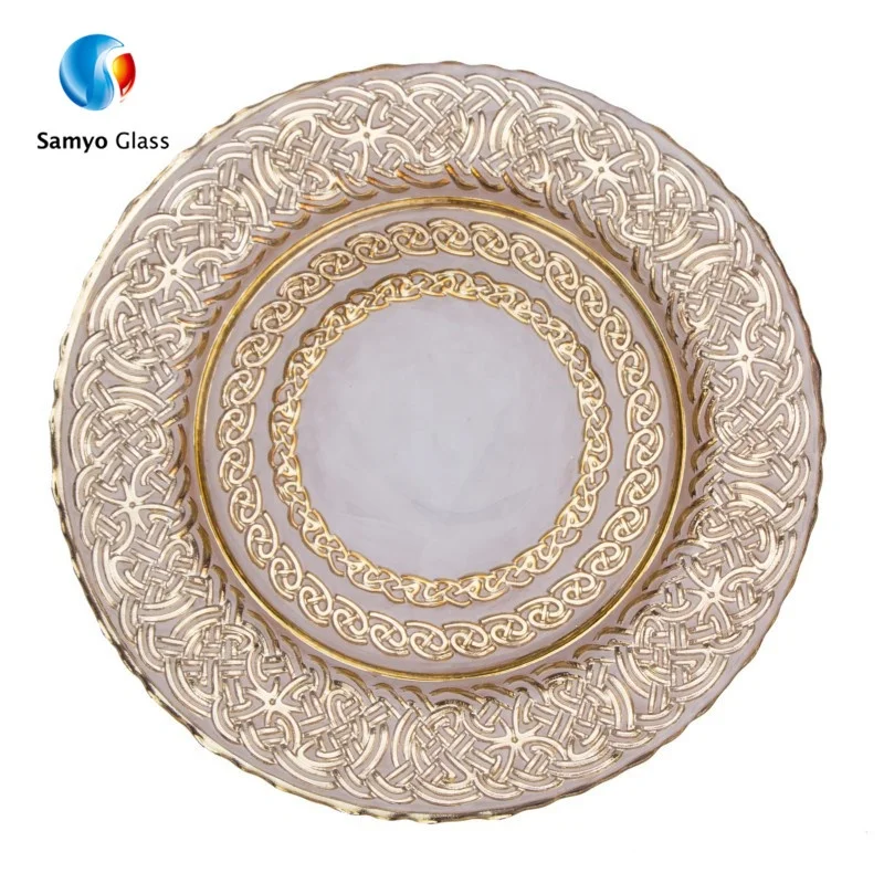 

Factory Wholesale 13 Inch Cheap Fancy Embossed Decorative Under Plate Glass Plate Golden Glass Charger Plates