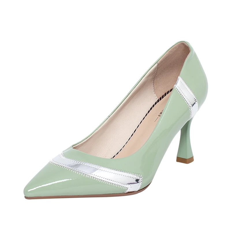 

K241 Genuine leather handmade dress shoes women thin high heels fashion ladies shoes, Black/green