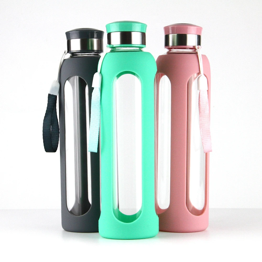 

Modern Style Portable Water Bottles Glass Unbreakable High Borosilicate Glass Water Bottle with Silicone Sleeve, Customized color