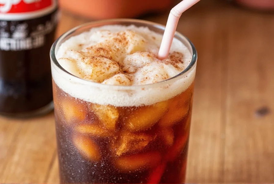 Ingredients for making coke cinnamon soda arranged on wooden table