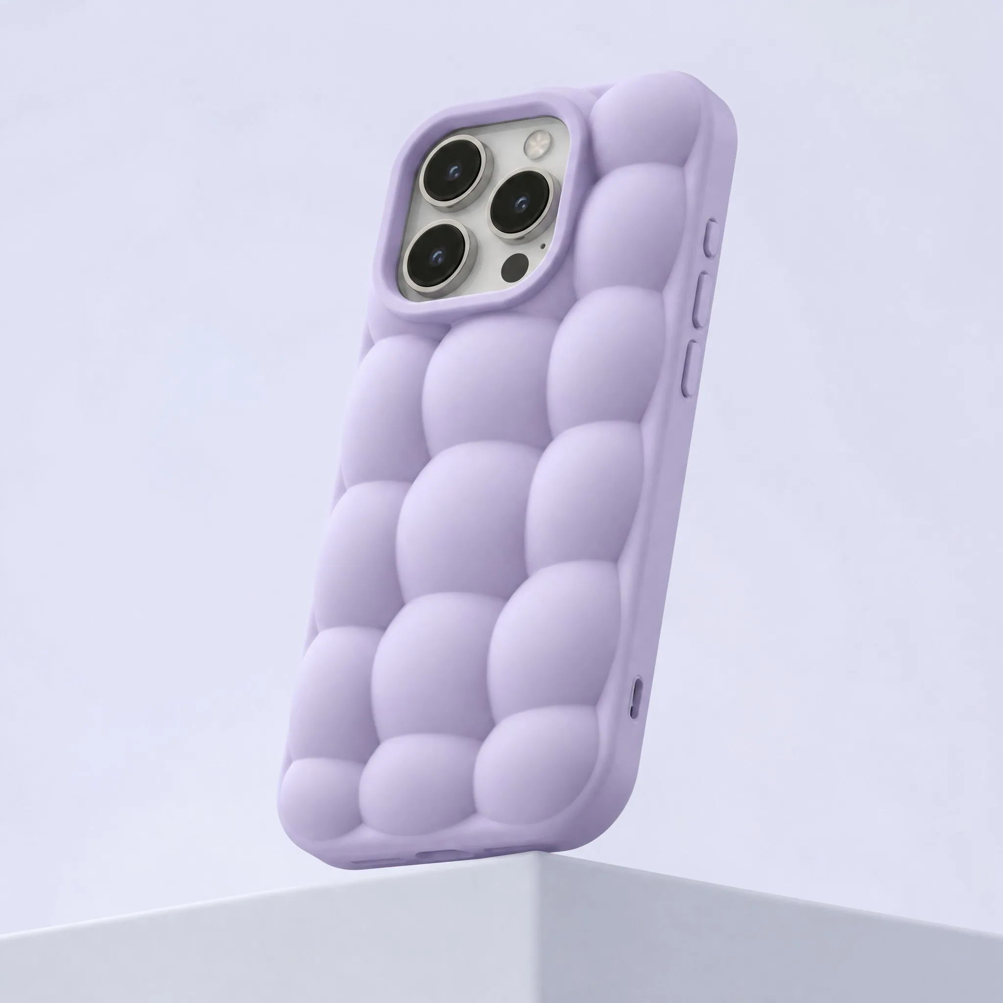 Lilac Purple Cloud Bubble Puffer Liquid Silicone Phone Case Floating 3/4 Perspective View on Pedestal