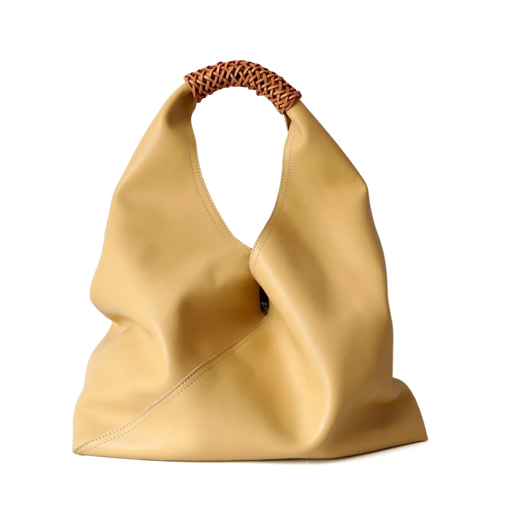 

2021 Simple Leather Women Shopping Bag Woven Handle Leather Handbag Tote Bag, Yellow,black,brown