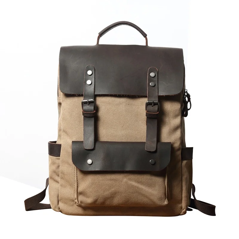 

Retro Waxed canvas Genuine leather backpack large capacity outdoor travel laptop bag for man