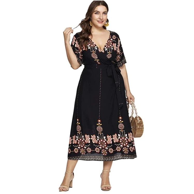 

2021Ladies Print Floral Maxi Dresses Summer V Neck Womens Plus Size Dress With Belt