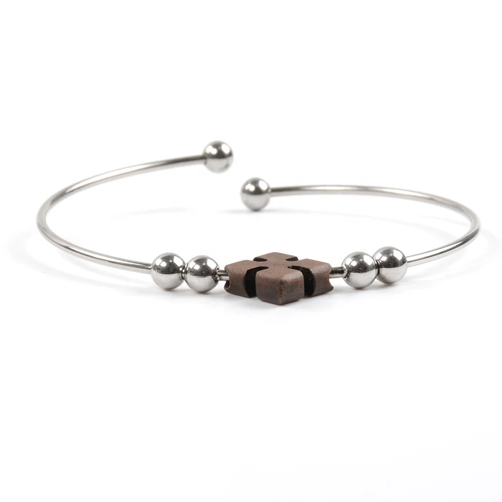 

Stainless steel with wood flower jewelry bracelet, Silver gold rosegold