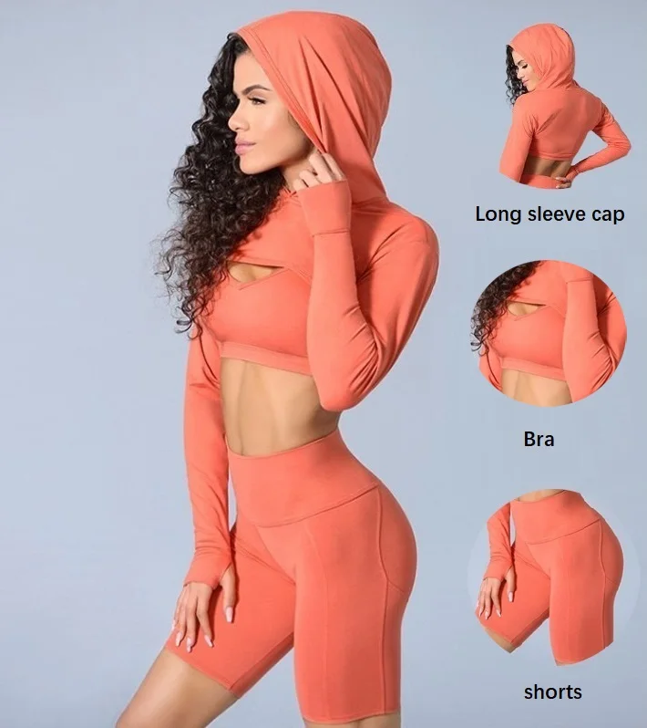 

BBYKS1011 New 3PCS long-sleeve hoodie and Bra shorts set Bra shorts yoga set