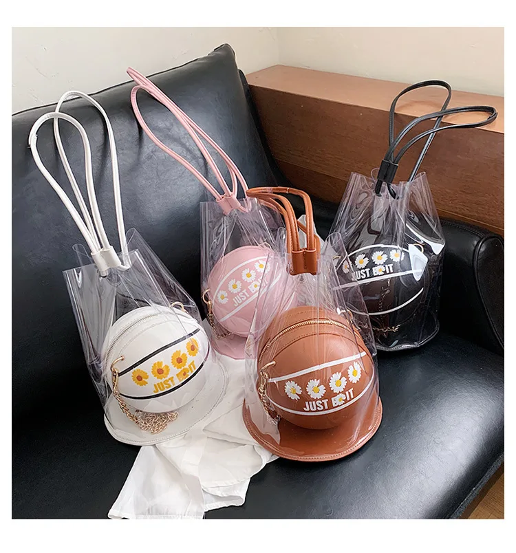 

round leather Basketball shape purse handbags women transparent shoulder bag, Can be choose