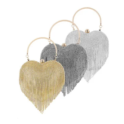 

Hot Sale Purse Shiny Heart Shape Handbags Purses Tassel Women Ladies Evening Bags Rhinestone Clutch Crystal Bag