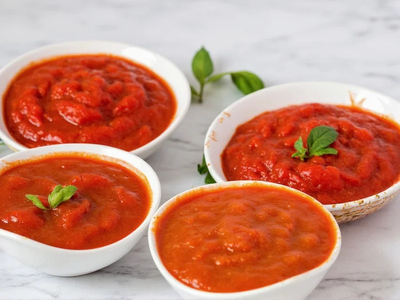 Three variations of homemade marinara sauce in small bowls