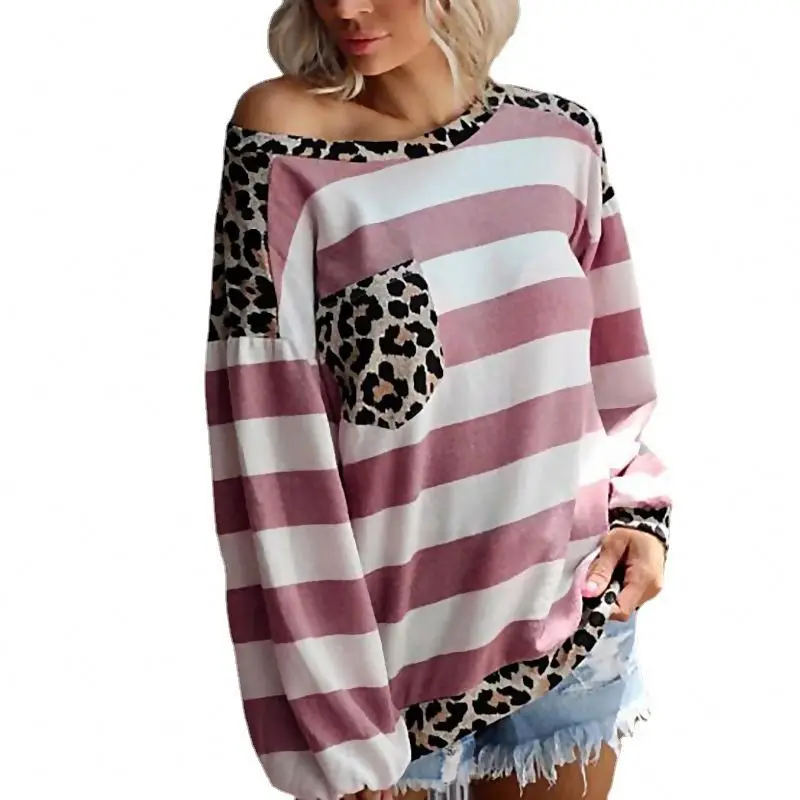 

Fashion Striped Printed Top Long-Sleeved Stitching Leopard Print Tops With Pocket Loose Women's Blouse, Color