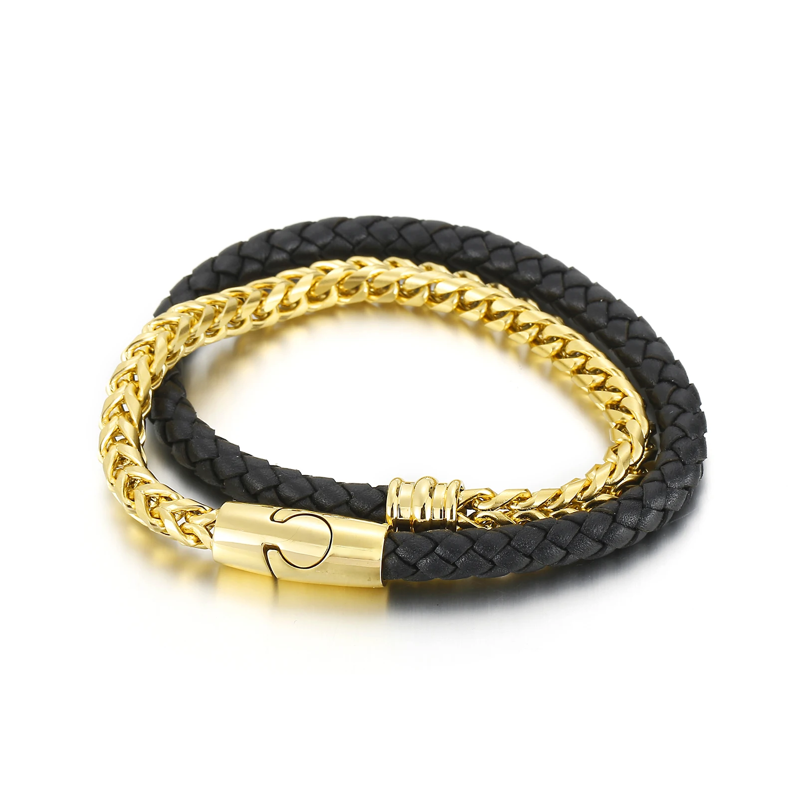 

KALEN Stainless Steel Gold Splice Black Trendy Cowhide Leather Bracelets Men Jewelry, Black/gold