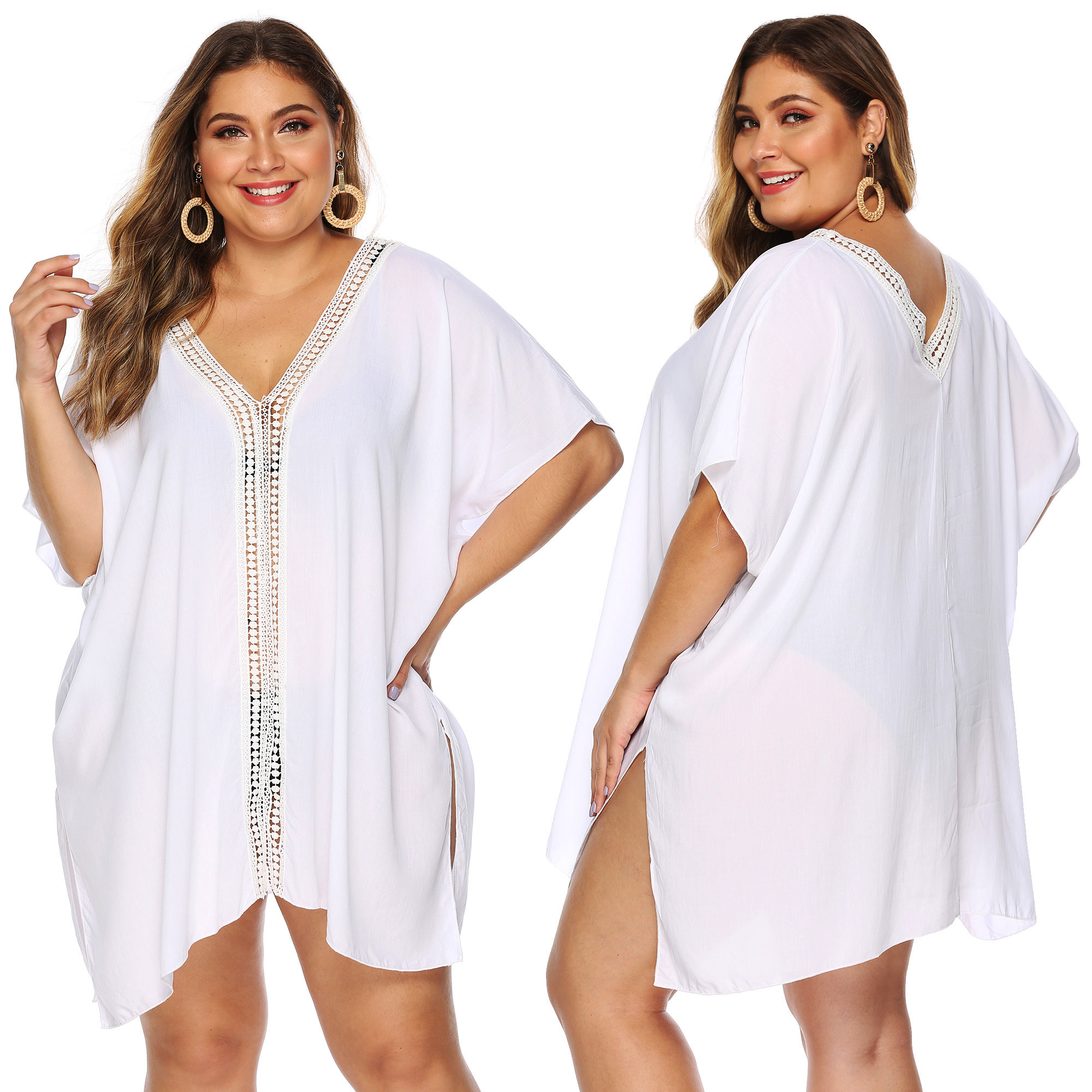 

New 2021 Europe and America big size dress and deep V sexy lace splicing and split recreational beach dress, Shown