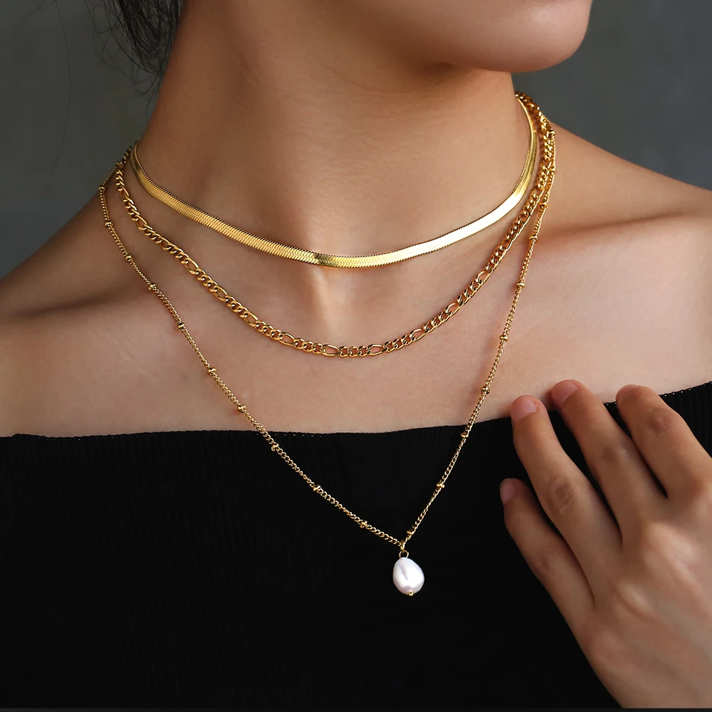 

KRKC 2021 new custom gold plated women multilayer choker necklace boho jewelry long triple 3 layered chain necklace with pearl