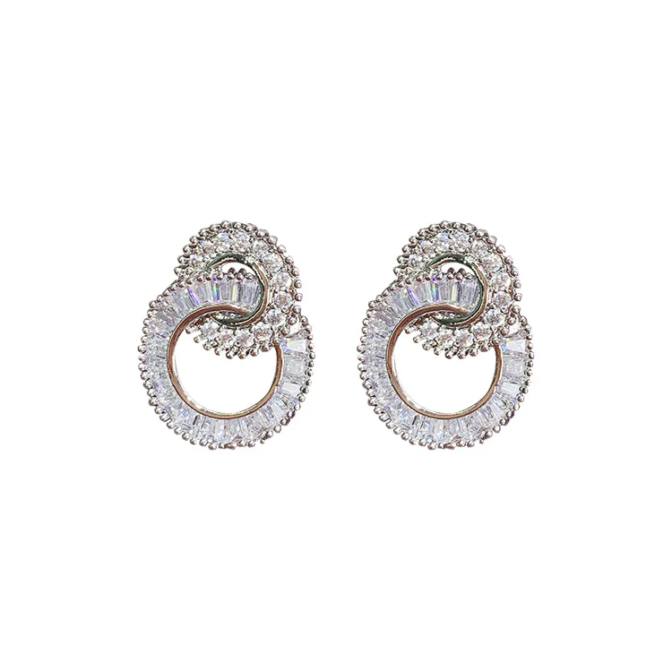 

Wish Hotsale 925 Sterling Silver Round Bling Cubic Zircon Hoop Stud Earrings Crystal Double Circle Earring For Girls