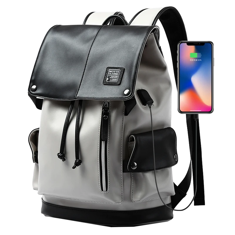 

2022 Waterproof Mochila Bags Anti-Theft Laptop Backpacks PU Leather School Daily Backpack Men Women with USB, Black and white