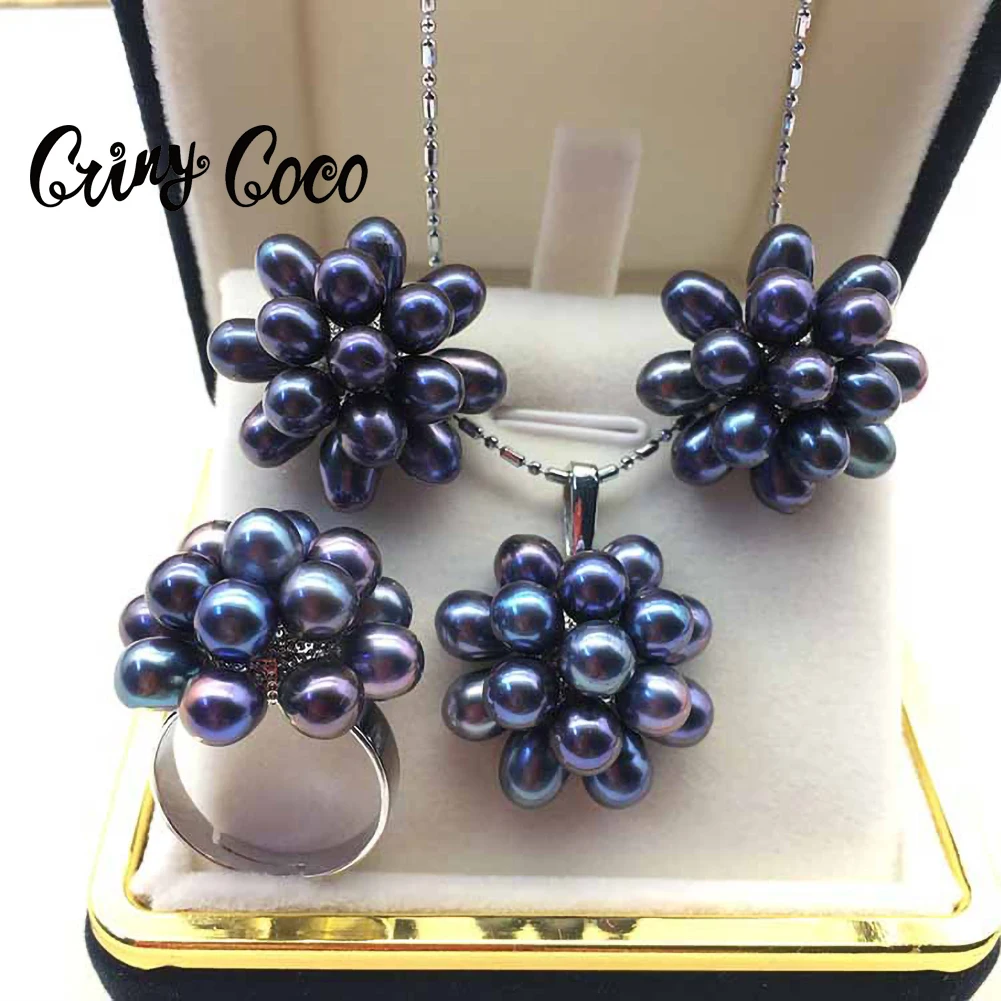 

Cring CoCo Pearl Stud Earrings Samoan Black Polynesian Sliver Necklace Hawaiian AAA Freshwater Pearl Jewelry Set Wholesale, Picture shows