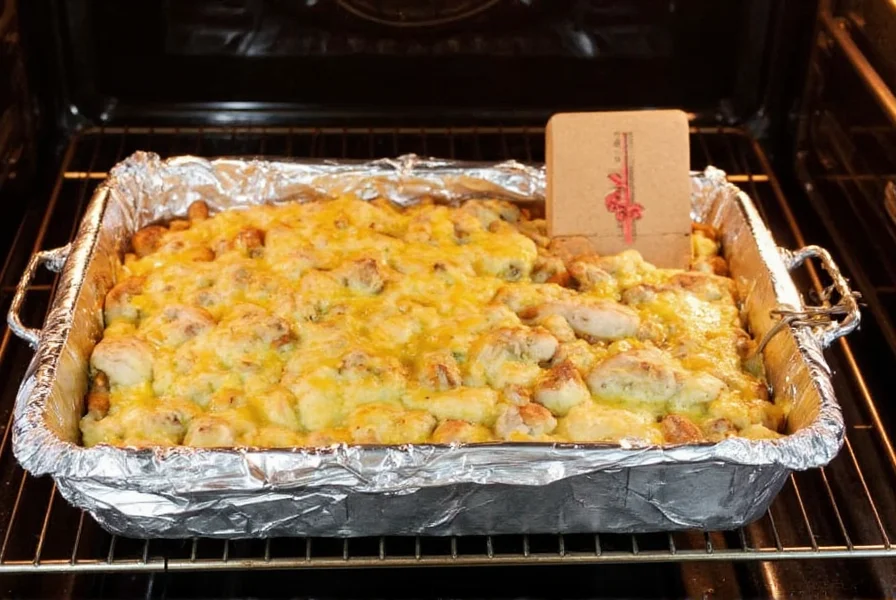 Chicken and green chili casserole leftovers being reheated in oven with foil covering, showing proper storage container and thermometer checking internal temperature