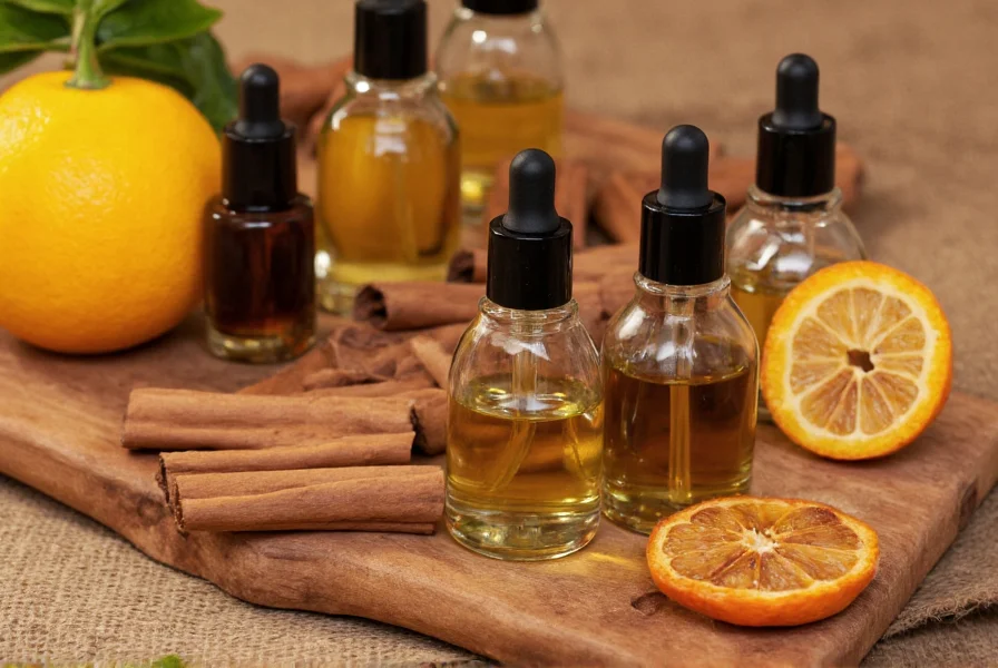 Various cinnamon perfume bottles displayed on a wooden surface with cinnamon sticks and dried citrus