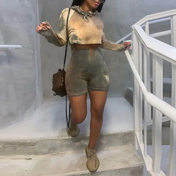 

Streetwear 2021 Spring Autumn Tie Dye Print Women 2 Piece Set Pullover Hoodie Crop Sweatshirt Biker Shorts Loungewear Tracksuit