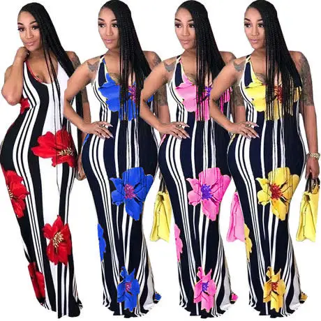 

2020 new arrivals Fashion Women Casual O-Neck Shoulder Strap Backless Sleeveless Slim Striped Printed Long Dress, Picture show