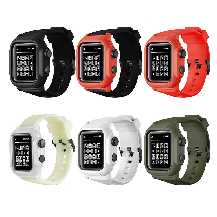 

Waterproof Case Cover For Apple Watch Series 44mm 42mm with Silicone Band Strap, Red, black, white, red+black, army green, transparent+fluorescent