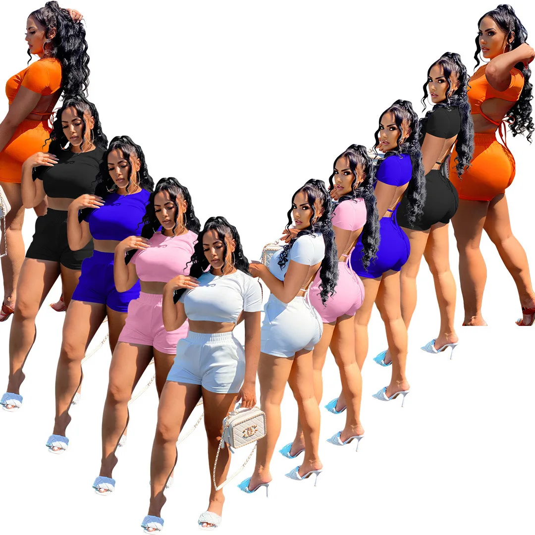 

2022 Summer Women Clothing Backless Crop Top 2 Piece Short Pants Sets Pure Colour Two Piece Set For Ladies, As pictures