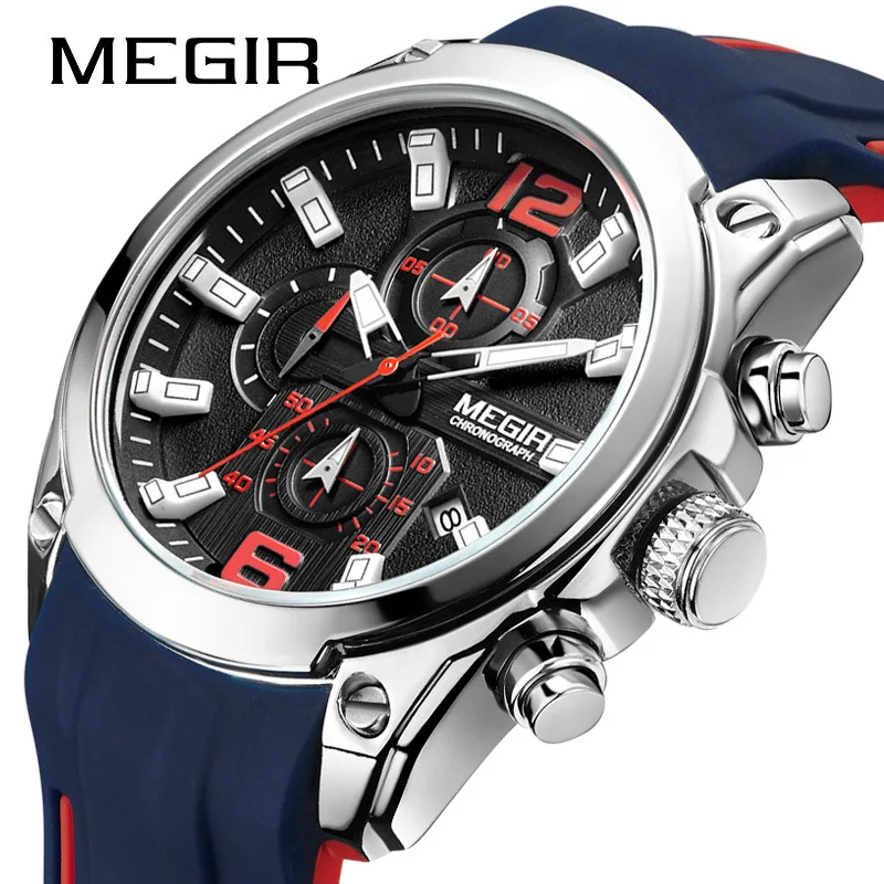 

MEGIR 2063 Brand Men Analog Quartz Watch Chronograph Wristwatch Sports Military Watches Timing Waterproof Leather Reloj Hombre