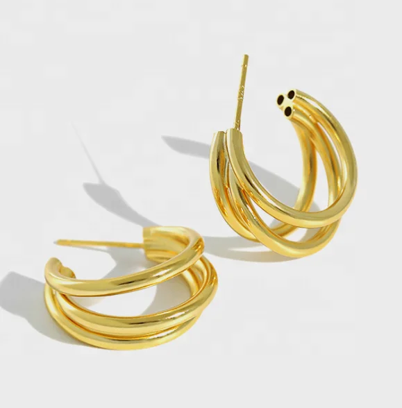 

925 Sterling Silver Simple Fashion Chic Gold Multi-layer C Shape Hoop Earrings, Gold/silver