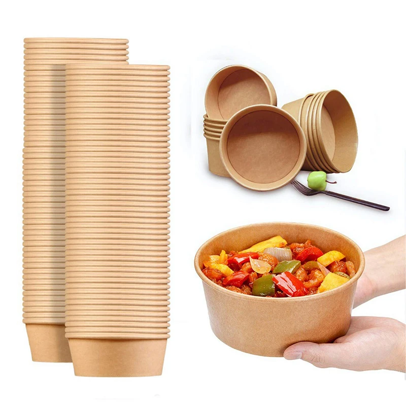 

RTS Biodegradable Custom Take Out Salad Fast Food Kraft Paper Bowl Food Container Paper Bowls Cup Container For Food Packaging