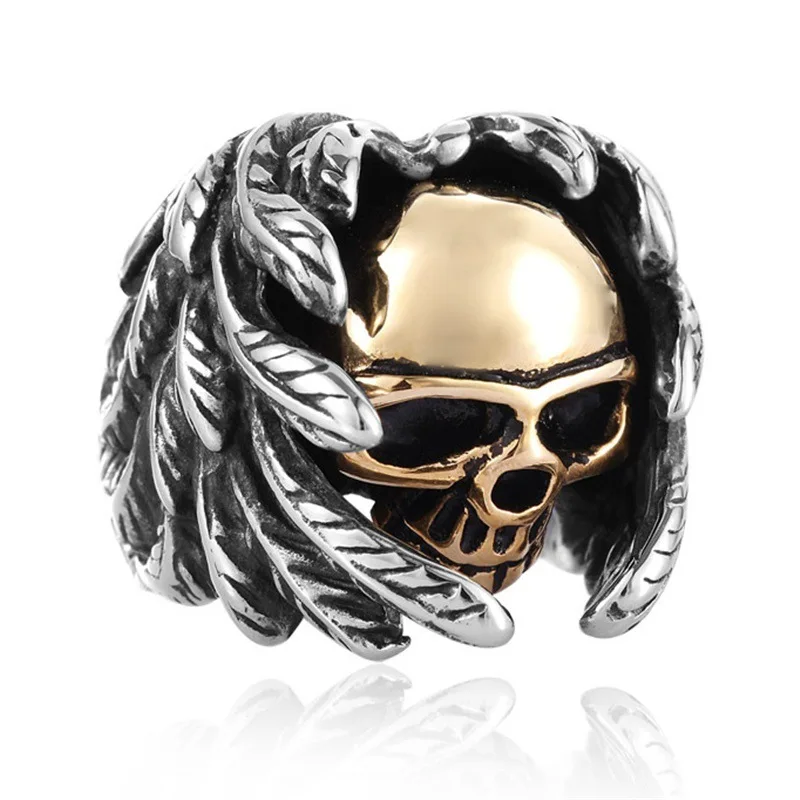 

Hot sale Men's Vintage Silver Gold Gothic Feather Skull biker Cool Rings for Men Women